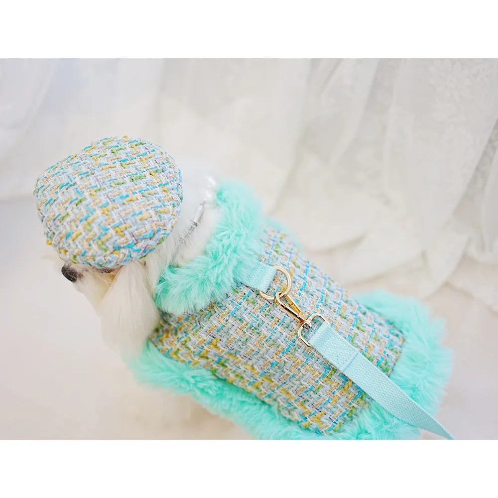 Classic Dog Winter Clothes Dog Harness Outfit For Girls Fragrant Cloak Princess Puppy Cats Chest And Back Traction For Small Dog