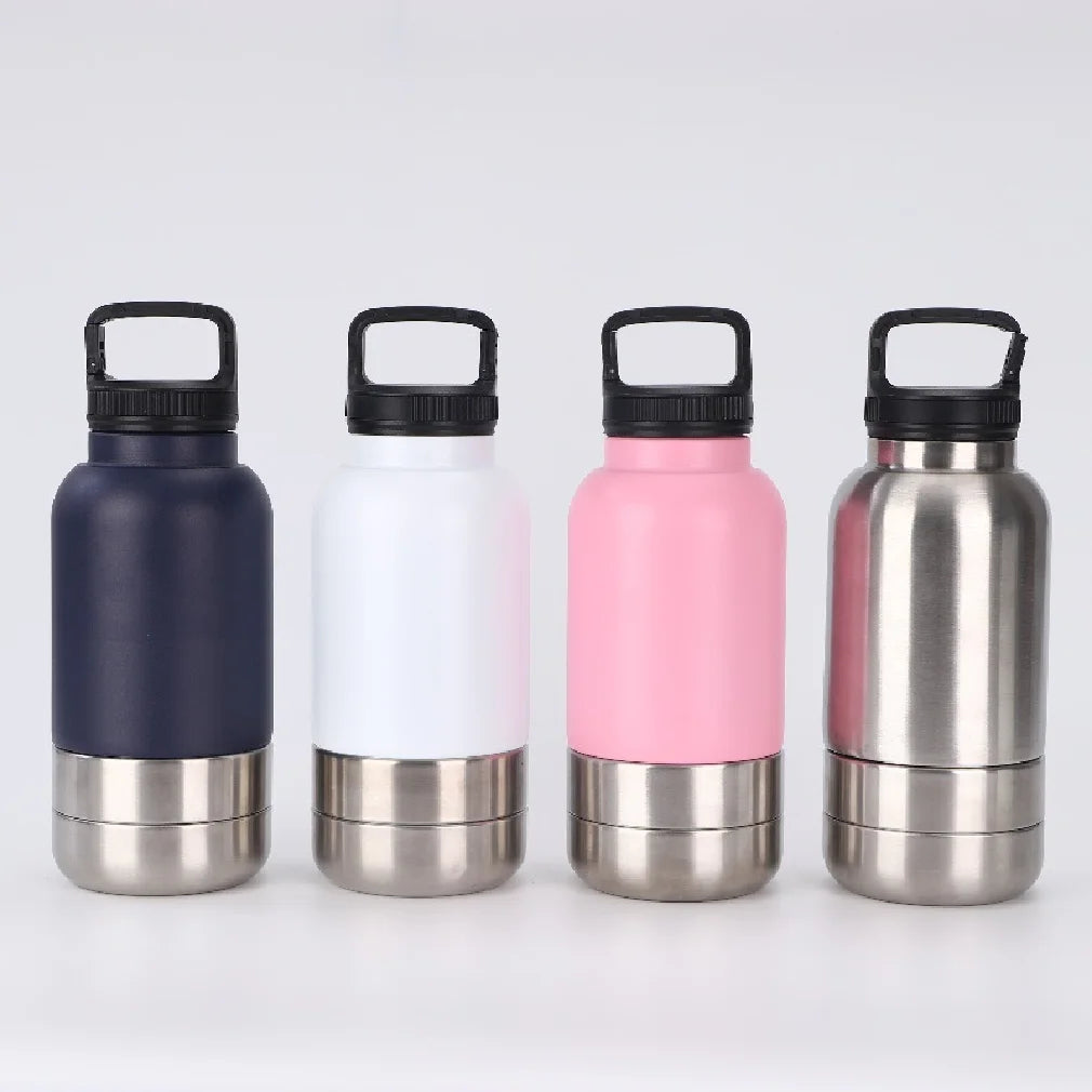 3-in-1 Insulated Dog Water Bottle with Detachable Food & Water Bowls — 32oz Stainless Steel Travel Feeder