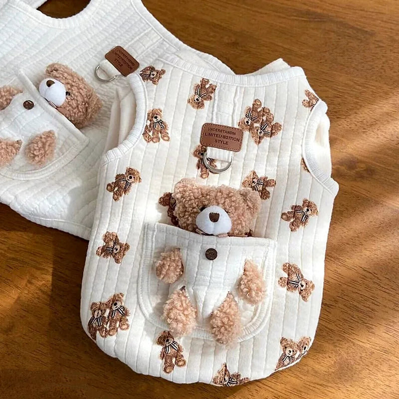 Cartoon Soft Cotton Dog Vest Shirt — Harness-Style Top for Small Dogs & Cats | Bear & White | XS–XL