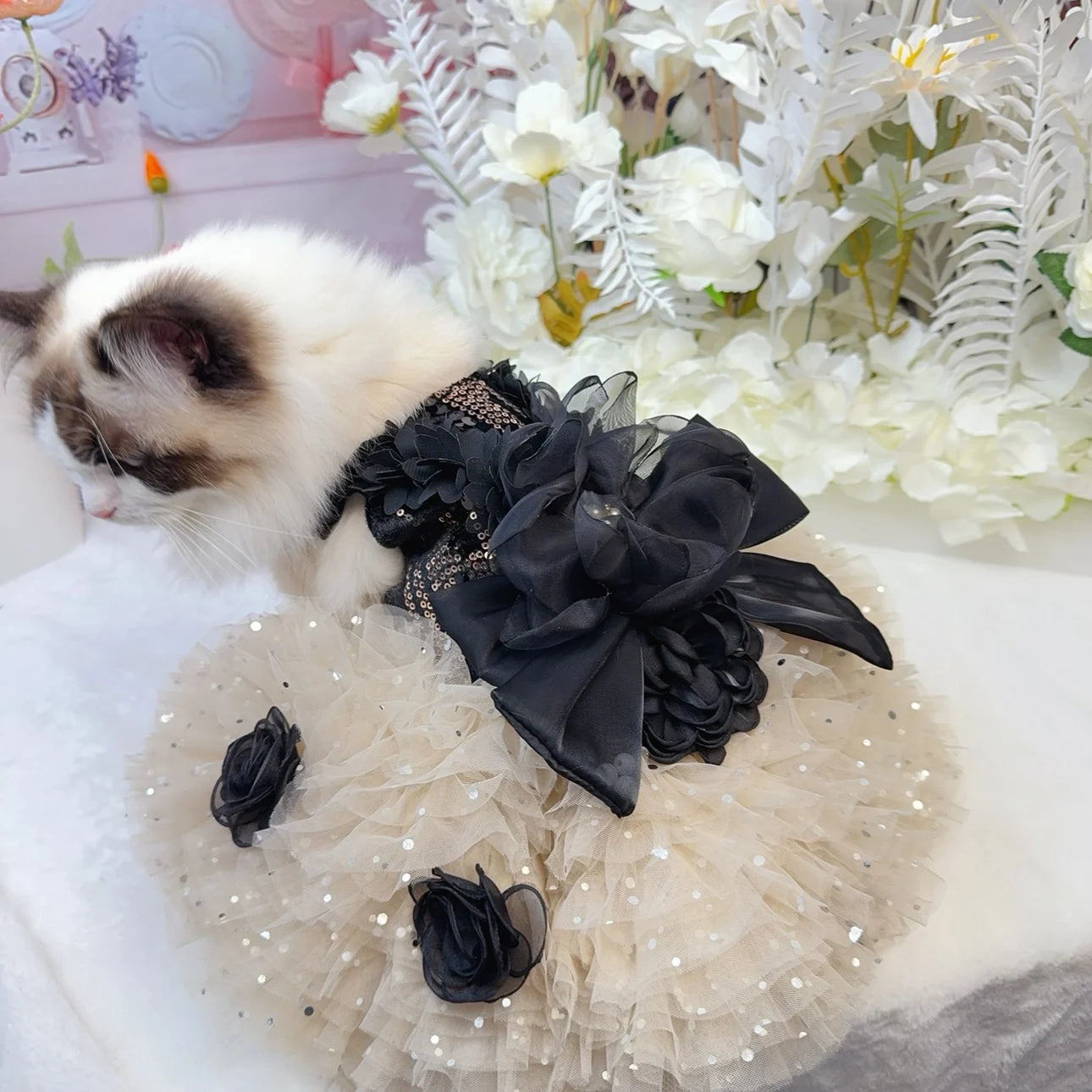 Fashion Sexy Black Roseflower Puppy Dog Clothing Sequin Lace Sling Princess Dress For Small Medium Dog Chihuahua Pet Dog Clothes Fashioned Furbabies
