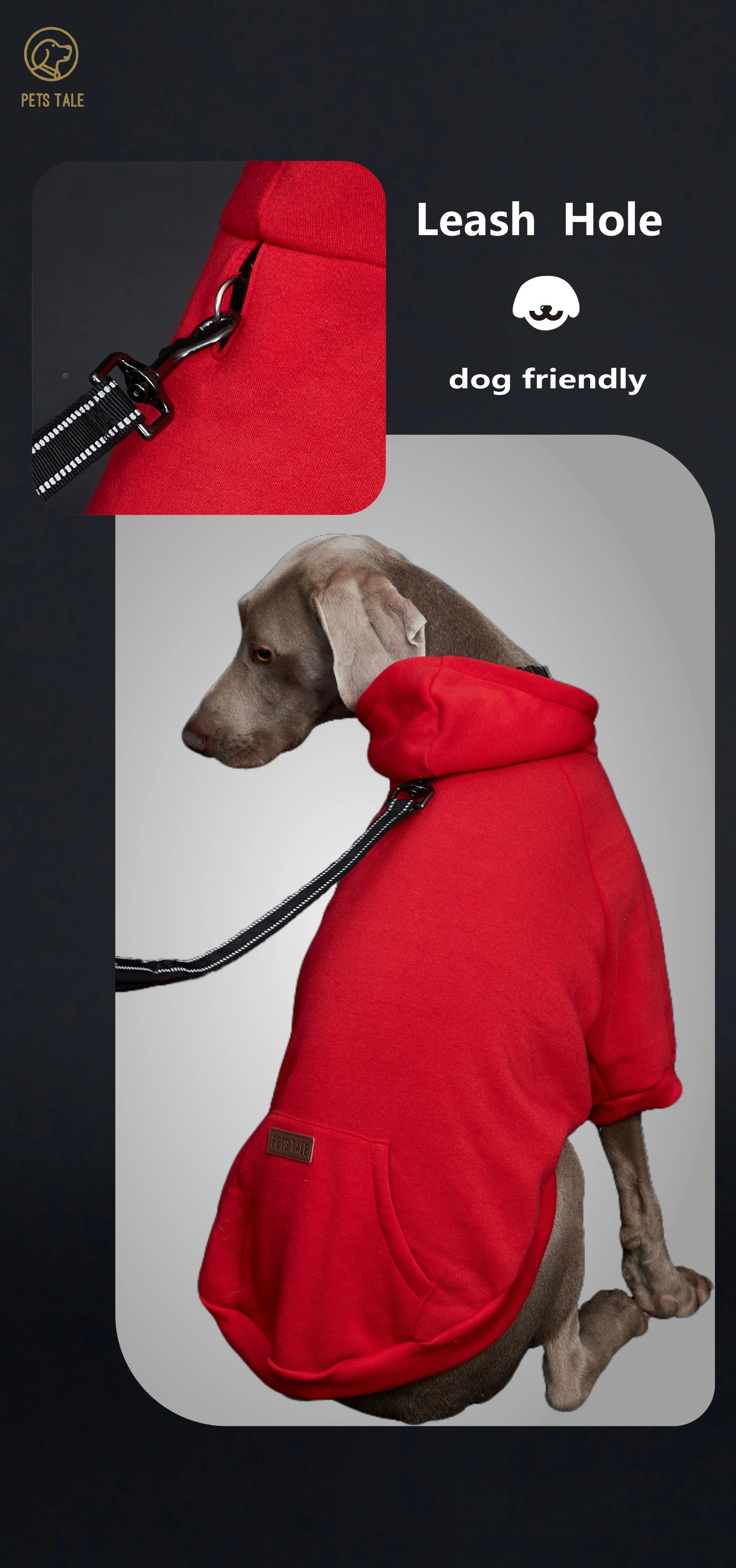Dog Hoodie with Pocket, Leather Patch, Hook and Loop Fastener Collar -