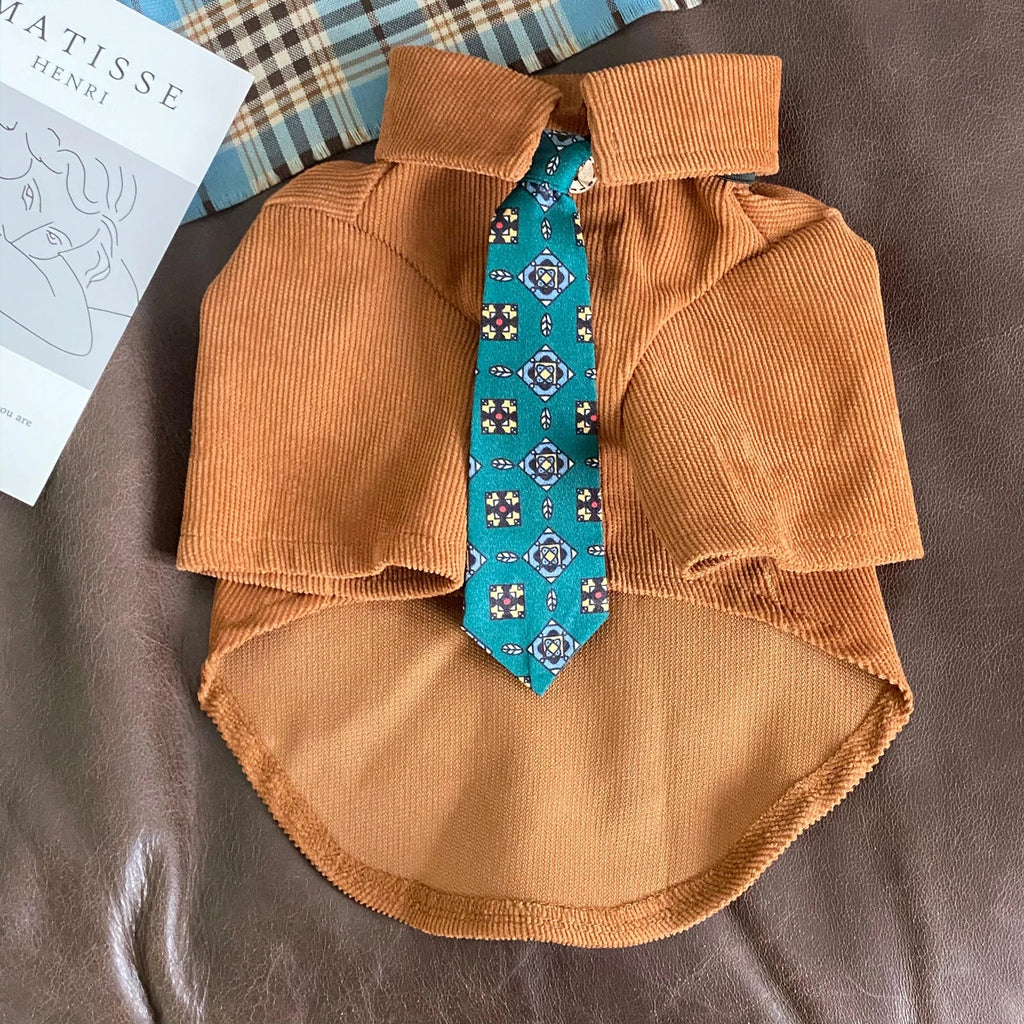 Autumn Pet Dog Clothes Retro Blue Brown Pure Shirts With Tie For Small Medium Dogs Poodle Schnauzer Male Dog T-shirt Coats Fashioned Furbabies