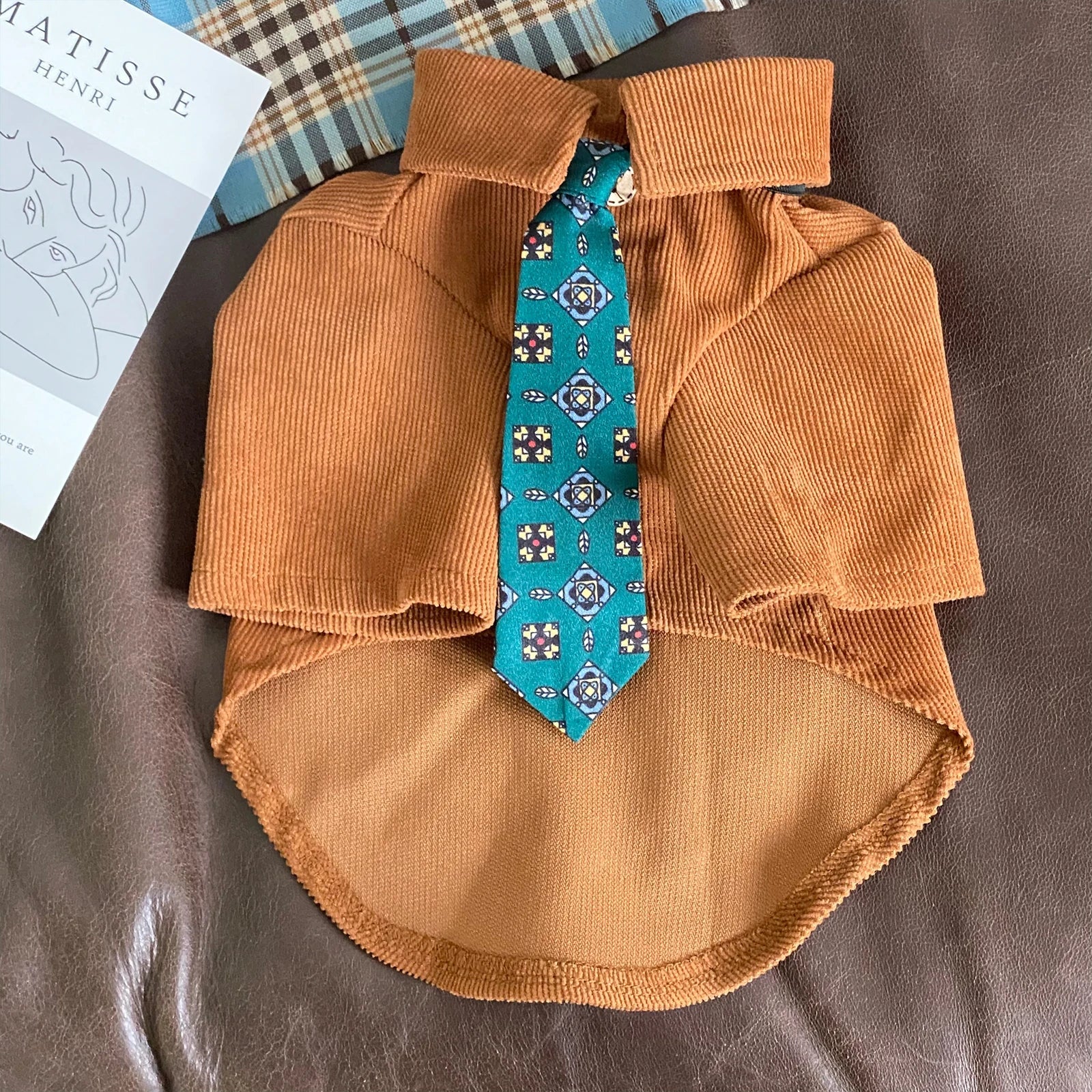 Autumn Pet Dog Clothes Retro Blue Brown Pure Shirts With Tie For Small Medium Dogs Poodle Schnauzer Male Dog T-shirt Coats Fashioned Furbabies
