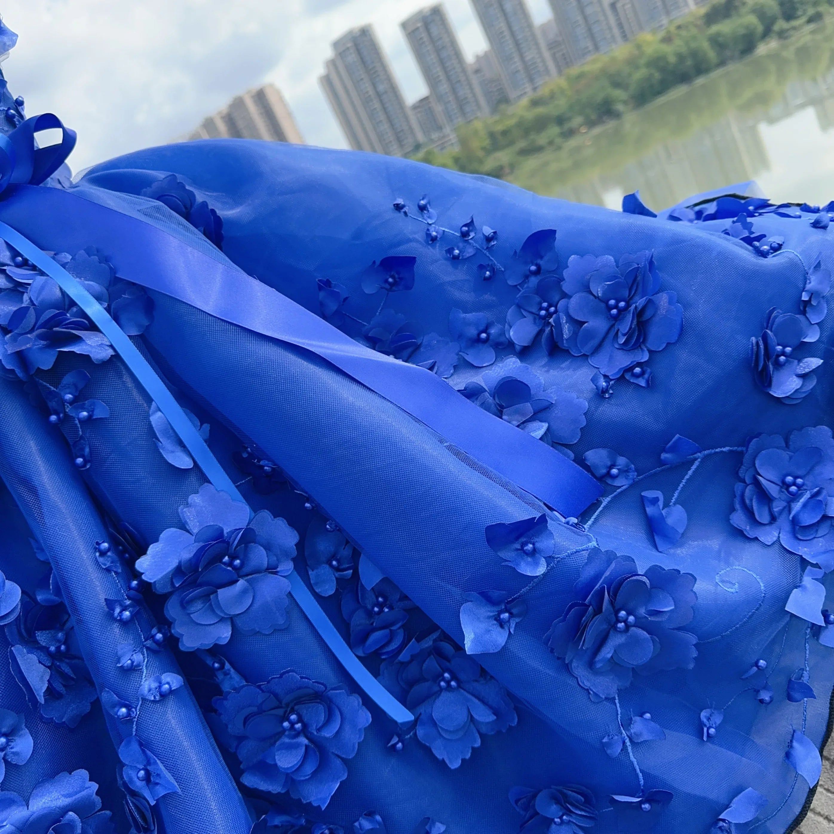 High-end Luxury Pet Clothes Fashion Royal Blue Handmade Lace Flower Bow Long Tail Princess Dress For Small Medium Dog Puppy Coat Fashioned Furbabies