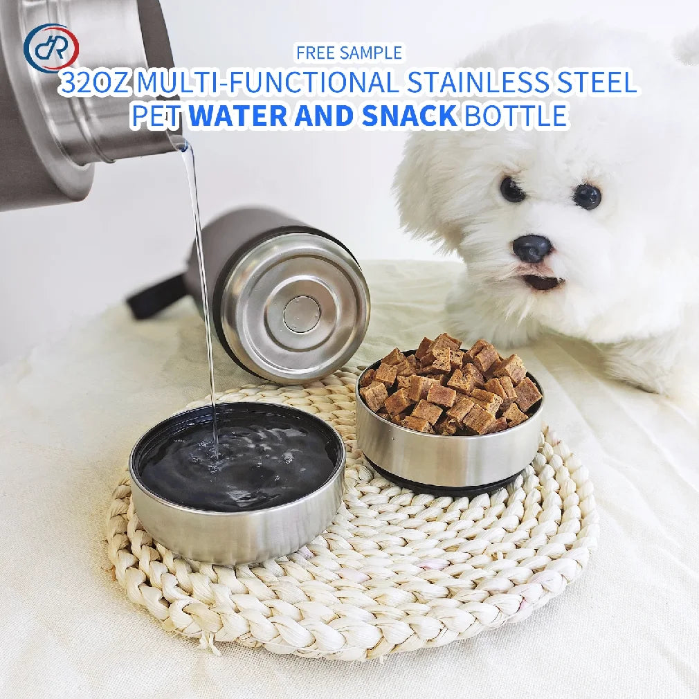 3-in-1 Insulated Dog Water Bottle with Detachable Food & Water Bowls — 32oz Stainless Steel Travel Feeder