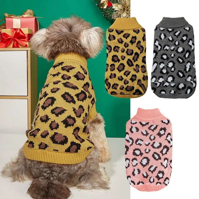 Leopard Print Dog Sweater Overalls — Soft Knit Winter Hoodie for Small Dogs & Cats | XS–L