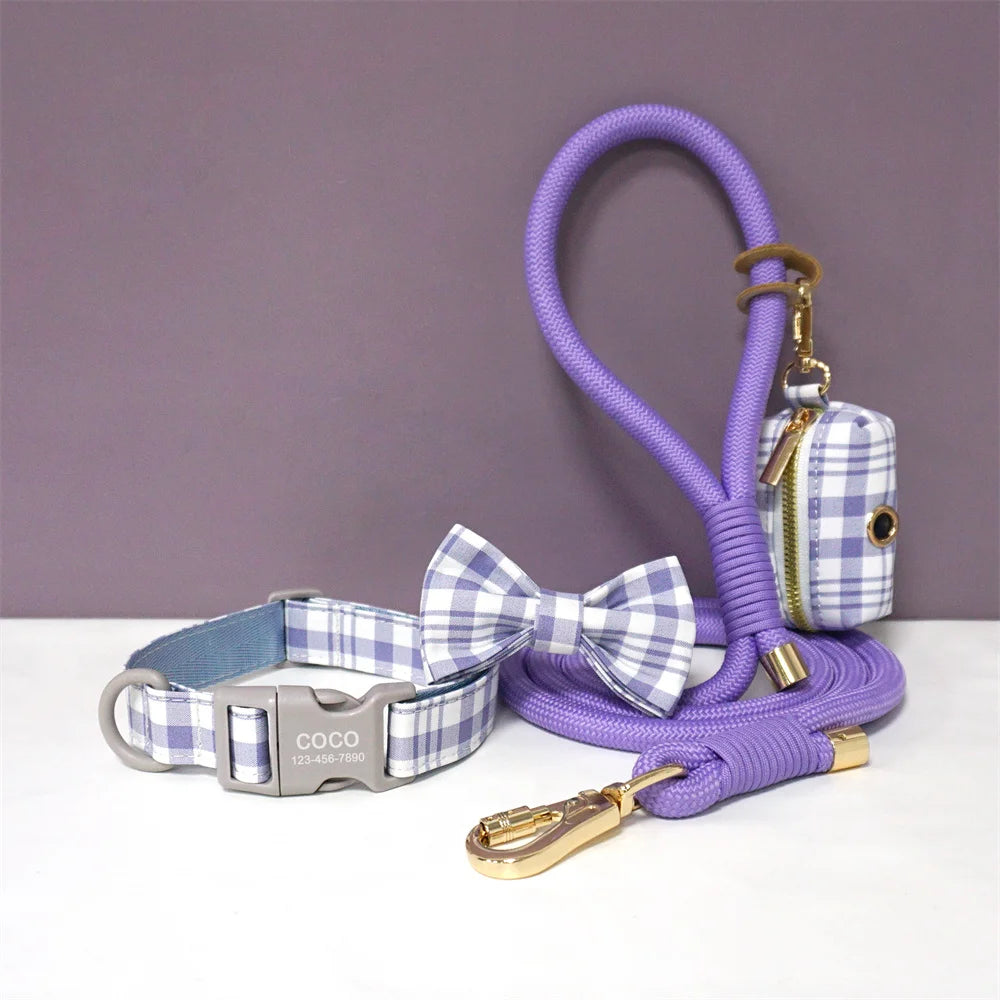Luxury Bow Dog Collar Set | Cotton & Polyester | XS–XL | With Leash & Poop Bag