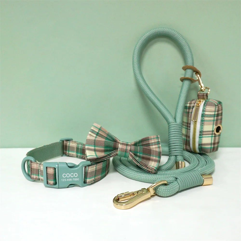 Luxury Bow Dog Collar Set | Cotton & Polyester | XS–XL | With Leash & Poop Bag