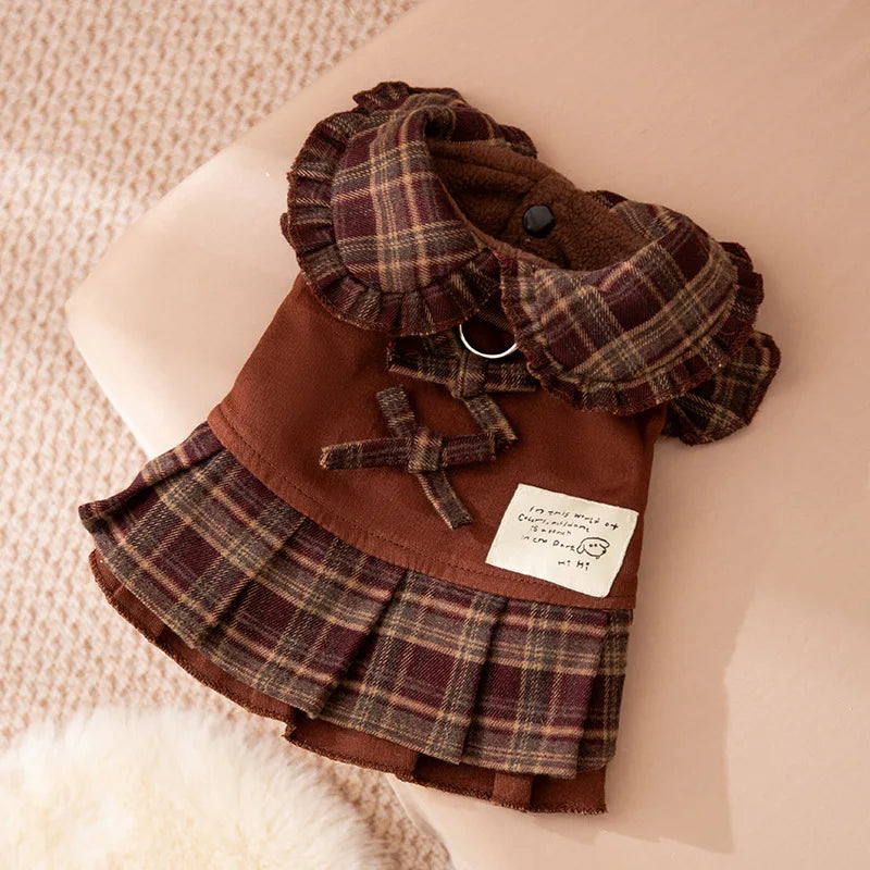 Autumn and Winter Pet Plaid Couple Outfit Thin Dress Hoodie Cat Teddy Jacket Dog Dresses for Small Dogs Puppy Clothes