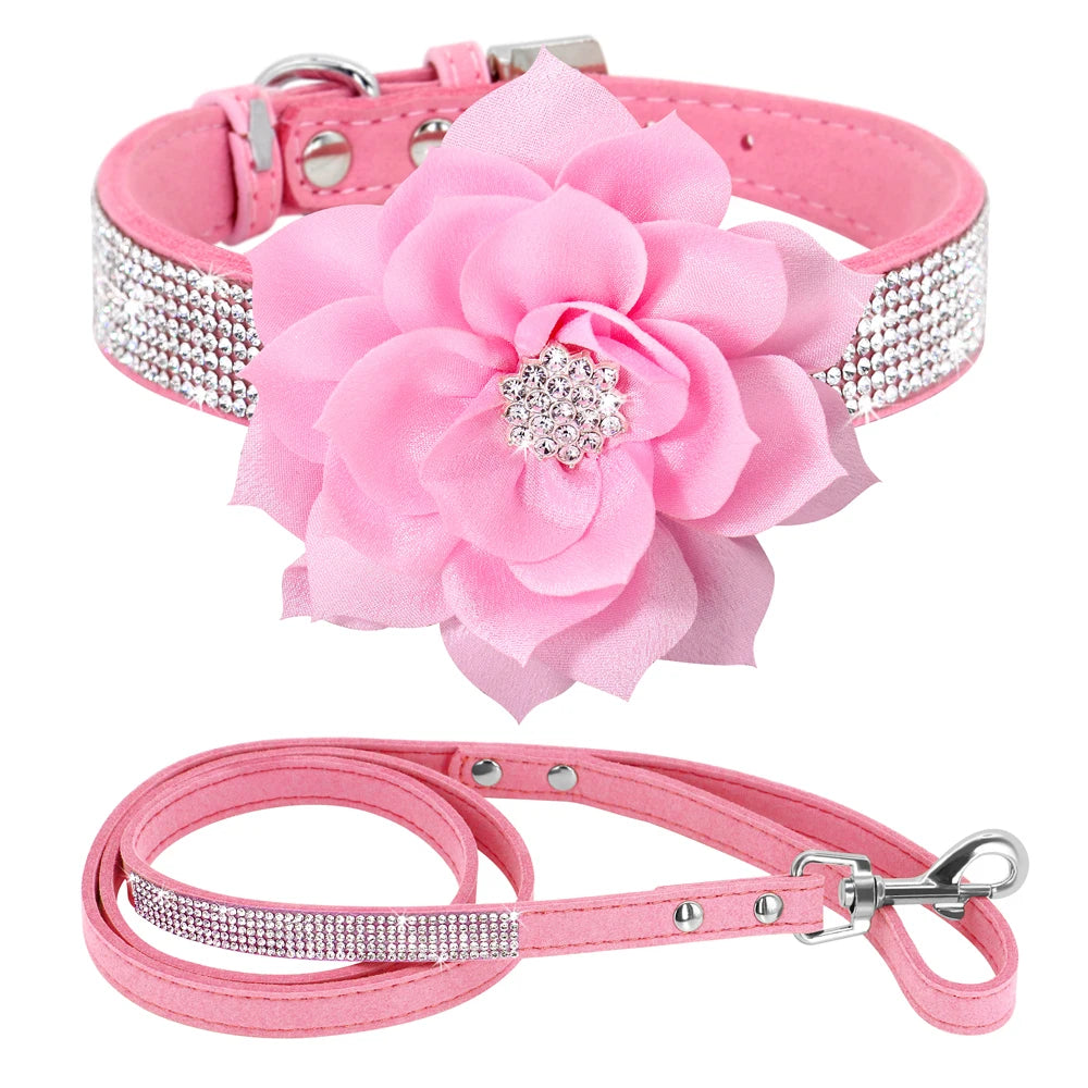 Rhinestone Dog Collar — Glitter Floral Suede Leather Collar & Optional 4ft Leash Set | Black, Blue, Pink & Purple | XS–L
