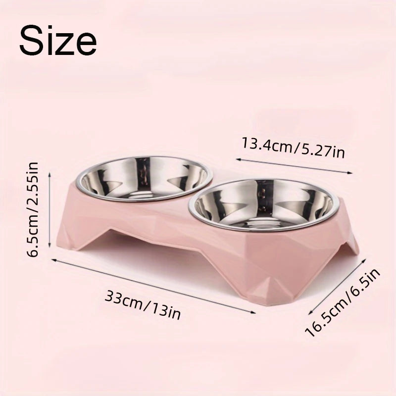 Stainless Steel Double Pet Bowl — Non-Slip Diamond Pattern Food & Water Feeder for Dogs & Cats