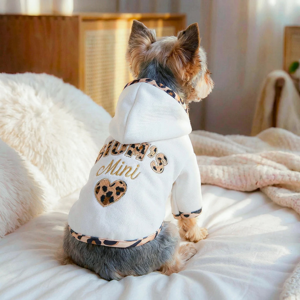 "Mom's Little Baby" Dog Hoodie Cardigan — White Leopard Print Embroidered Sweater for Small Dogs | XS–XL