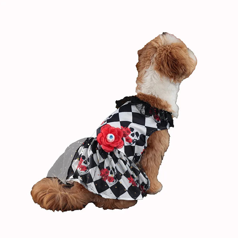 Halloween Checkered Pet Dress | Skull & Floral Costume Dress for Small & Medium Dogs S–XL