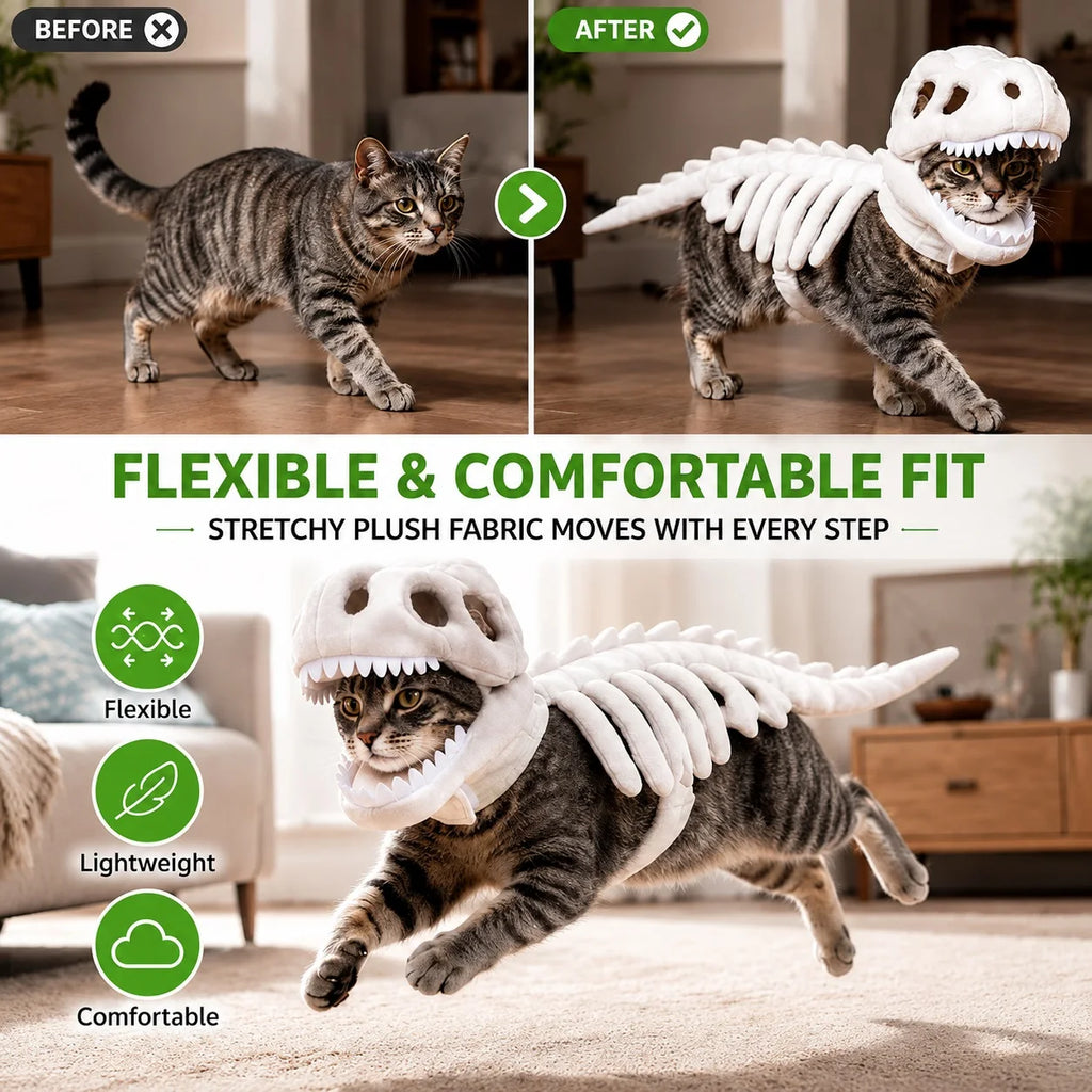 Halloween Dinosaur Skeleton Pet Costume | Plush Over-the-Head Cosplay for Dogs & Cats