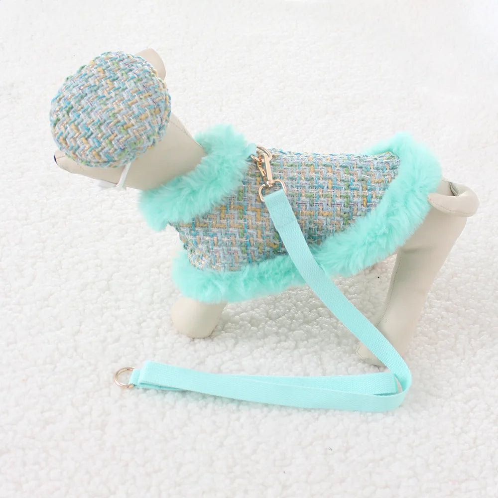 Classic Dog Winter Clothes Dog Harness Outfit For Girls Fragrant Cloak Princess Puppy Cats Chest And Back Traction For Small Dog