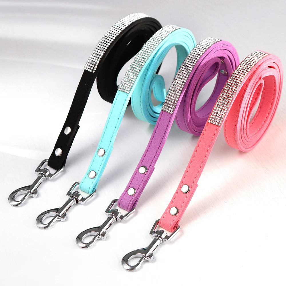 Rhinestone Dog Collar — Glitter Floral Suede Leather Collar & Optional 4ft Leash Set | Black, Blue, Pink & Purple | XS–L