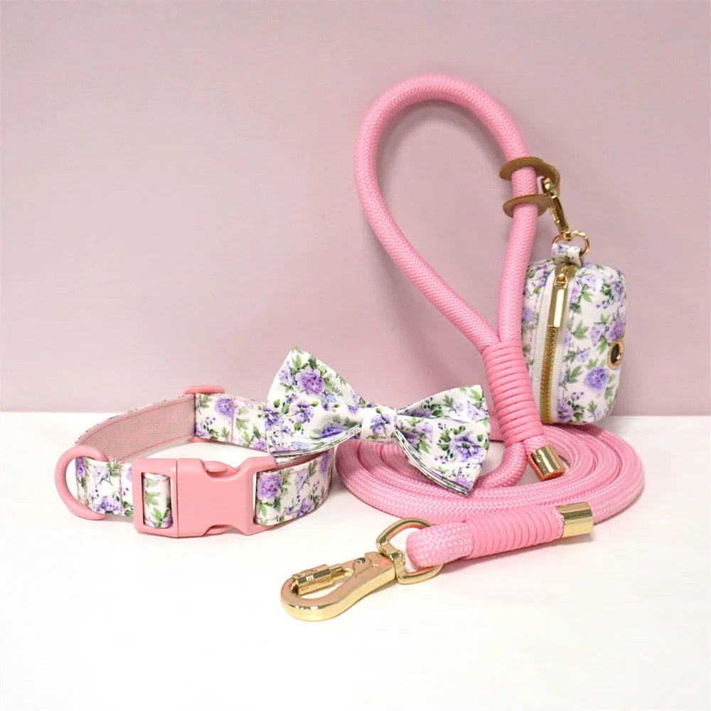 Luxury Bow Dog Collar Set | Cotton & Polyester | XS–XL | With Leash & Poop Bag