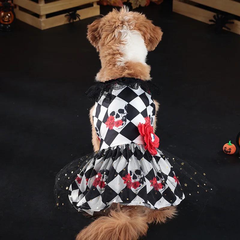 Halloween Checkered Pet Dress | Skull & Floral Costume Dress for Small & Medium Dogs S–XL