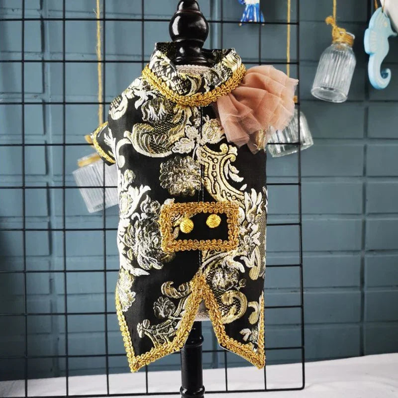 European Court Style Pet Boy Dog Clothes Luxury Black Golden Embroidery Handmade Party Suits Coats For Small Medium Dog Poodle Fashioned Furbabies