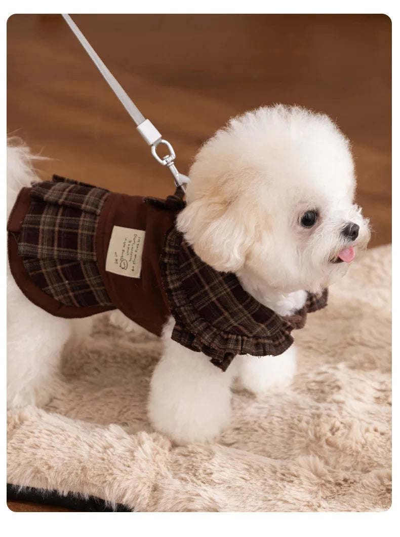 Autumn and Winter Pet Plaid Couple Outfit Thin Dress Hoodie Cat Teddy Jacket Dog Dresses for Small Dogs Puppy Clothes