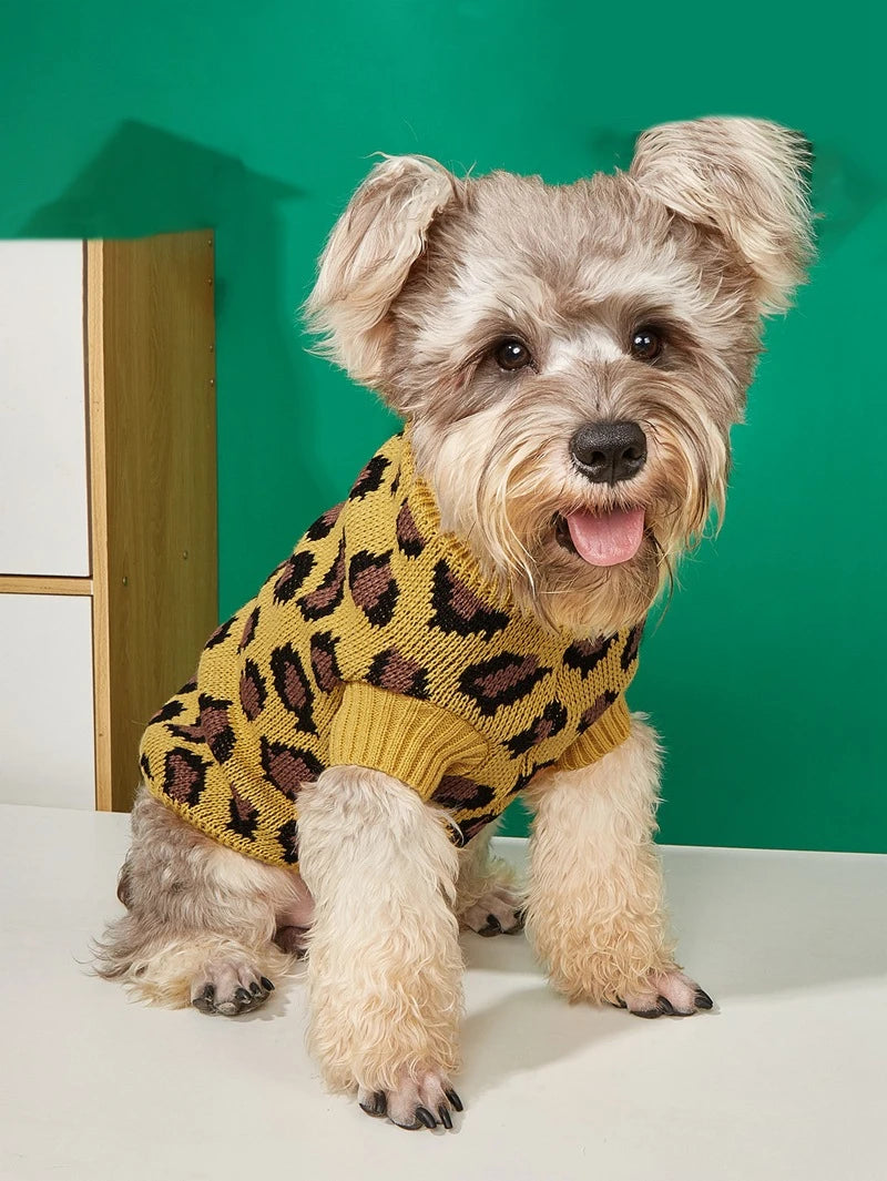 Leopard Print Dog Sweater Overalls — Soft Knit Winter Hoodie for Small Dogs & Cats | XS–L