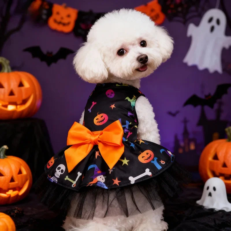 Halloween Puff Skirt for Dogs | Pumpkin & Skull Print Tutu Dress for Small & Medium Dogs S–XL