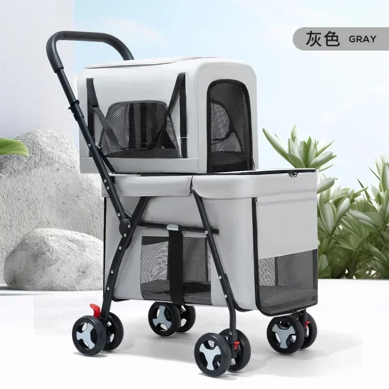 Double-Layer Foldable Pet Stroller — Lightweight Ventilated Travel Cart for Cats & Dogs | Black & Gray