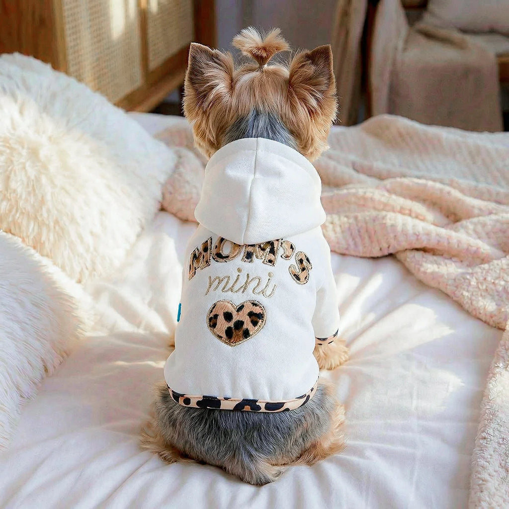 "Mom's Little Baby" Dog Hoodie Cardigan — White Leopard Print Embroidered Sweater for Small Dogs | XS–XL