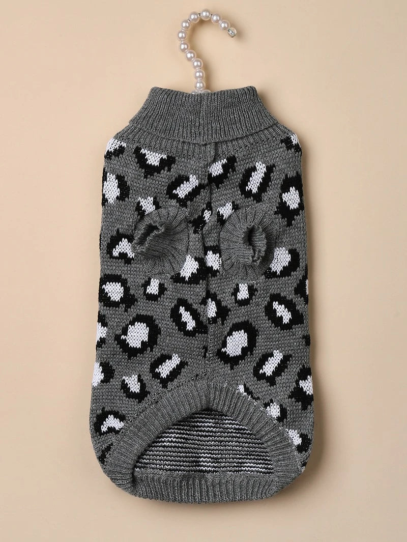 Leopard Print Dog Sweater Overalls — Soft Knit Winter Hoodie for Small Dogs & Cats | XS–L
