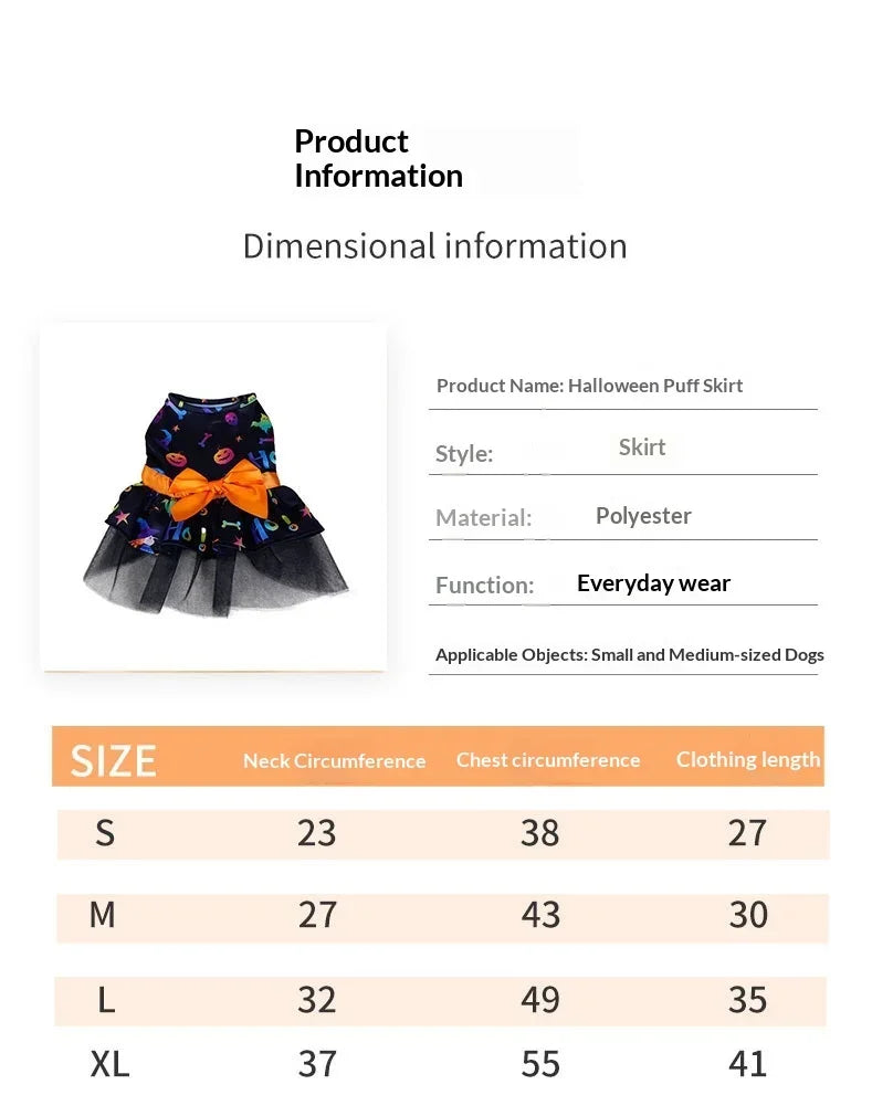 Halloween Puff Skirt for Dogs | Pumpkin & Skull Print Tutu Dress for Small & Medium Dogs S–XL