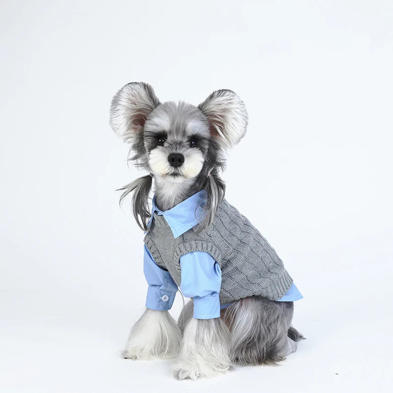 Cute Gray Pet Spring Autumn Dog Clothes Knitted Dog Cat Vest With Shirts 2 Pcs Clothing Set Fashioned Furbabies