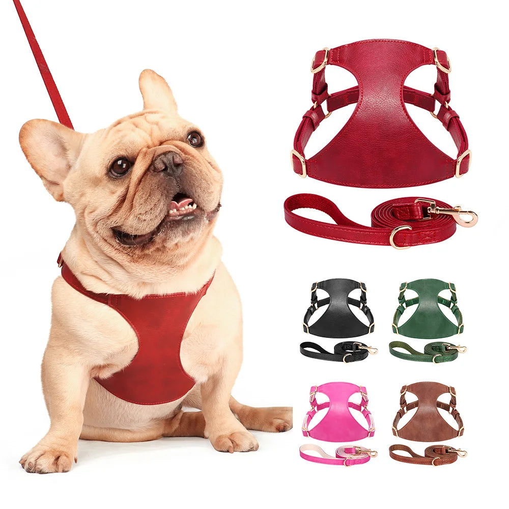 Soft Genuine Leather Dog Harness Leash Set Small Medium Dogs Cats Harness Vest For Chihuahua French Bulldog Walking Training Fashioned Furbabies