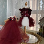 Wine Red Velvet Dog Dress - Handmade Crystal Bow Gown