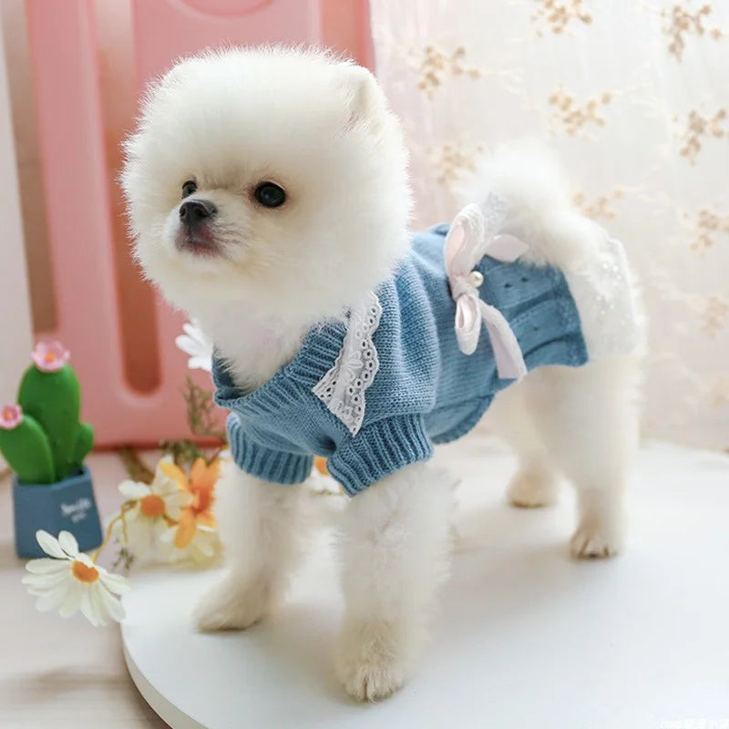 Wool Princess Skirt Sweater Dress — Elastic Waist Autumn Outfit for Small Dogs & Cats | Blue | XS–XL
