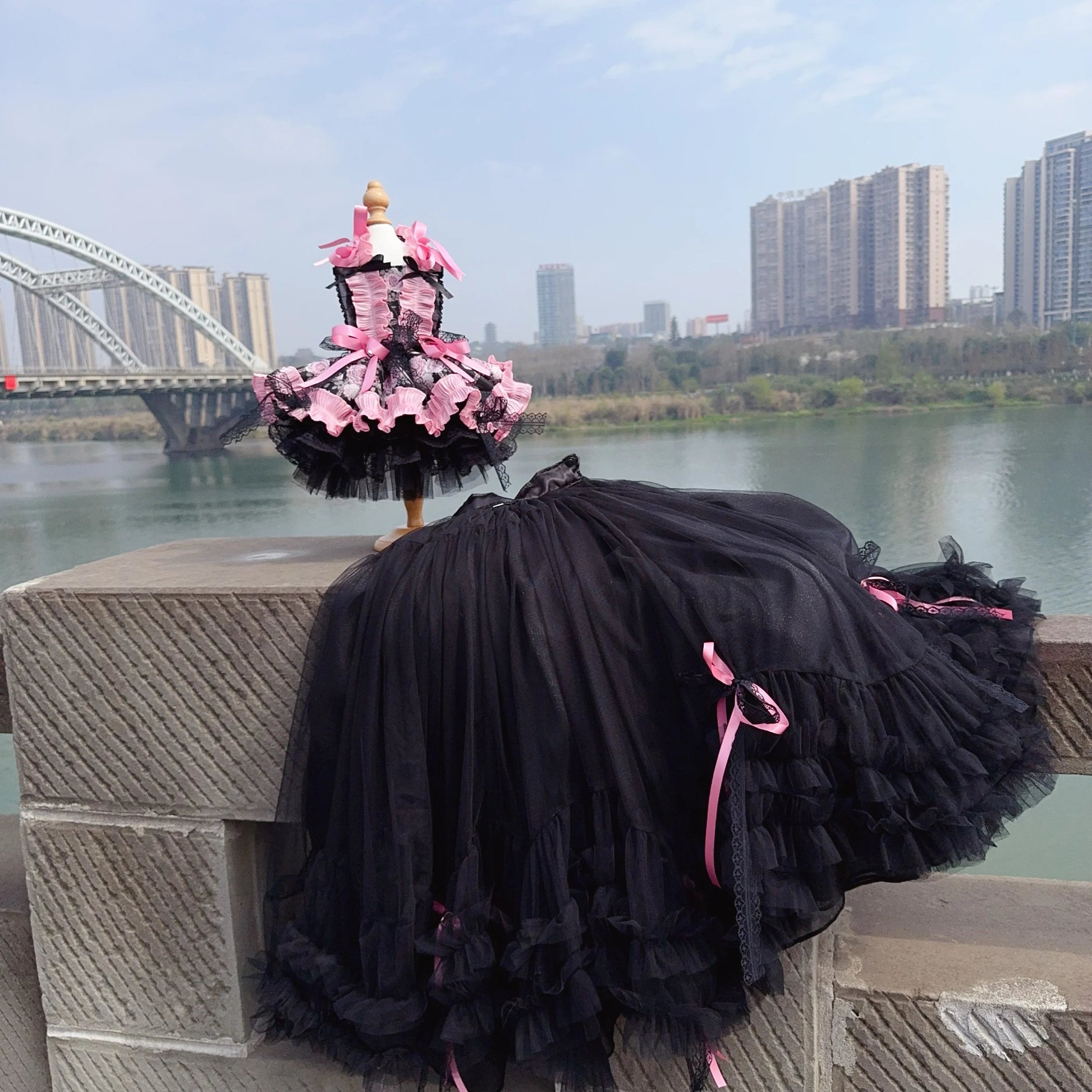 Lovely Pet Dog Clothes Luxury Handmade Black Pink Flower Print Long Tail Princess Dresses For Small Medium Dog Chihuahua Puppy Fashioned Furbabies