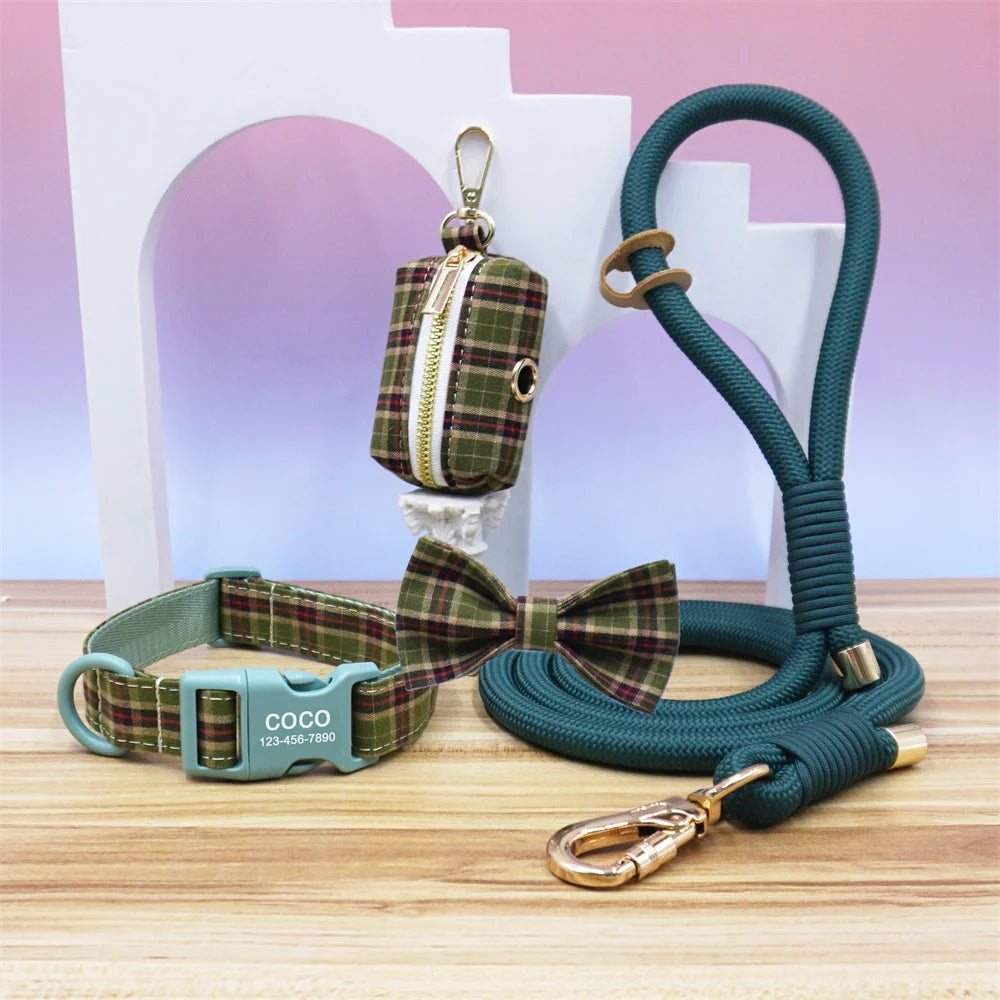 Luxury Bow Dog Collar Set | Cotton & Polyester | XS–XL | With Leash & Poop Bag
