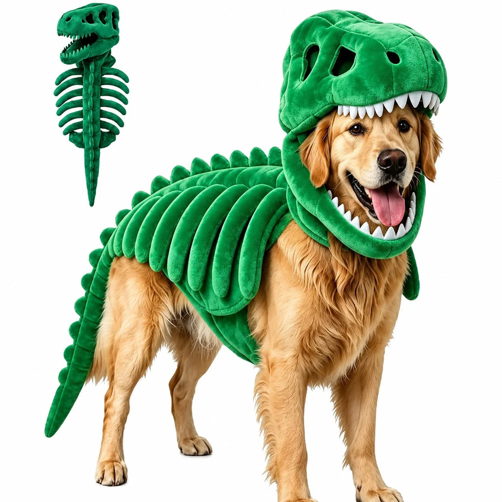 Halloween Dinosaur Skeleton Pet Costume | Plush Over-the-Head Cosplay for Dogs & Cats