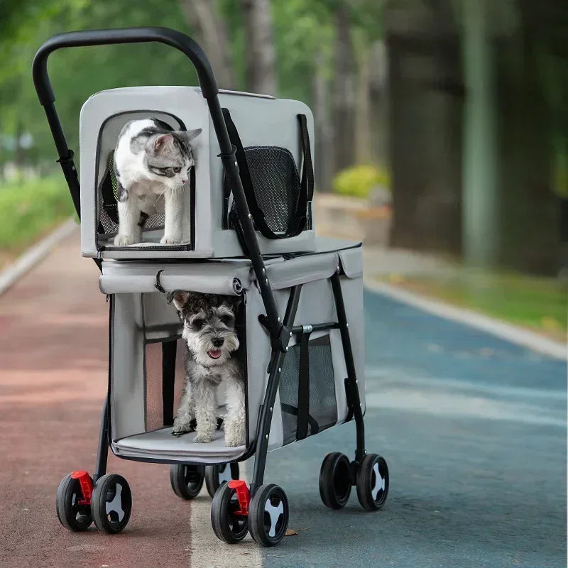 Double-Layer Foldable Pet Stroller — Lightweight Ventilated Travel Cart for Cats & Dogs | Black & Gray