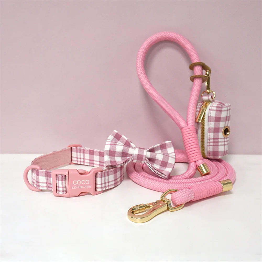Luxury Bow Dog Collar Set | Cotton & Polyester | XS–XL | With Leash & Poop Bag