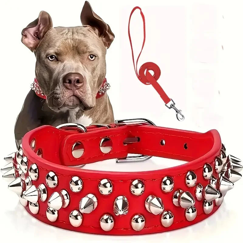 Spiked Rivet Leather Dog Collar & Leash Set | Adjustable | Outdoor Walking