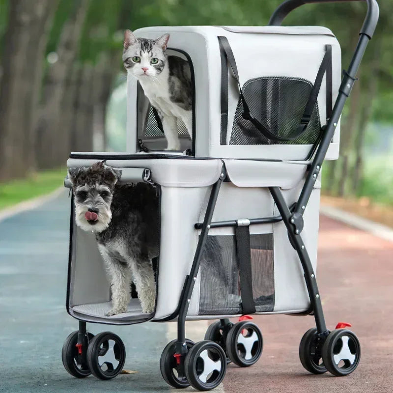 Double-Layer Foldable Pet Stroller — Lightweight Ventilated Travel Cart for Cats & Dogs | Black & Gray