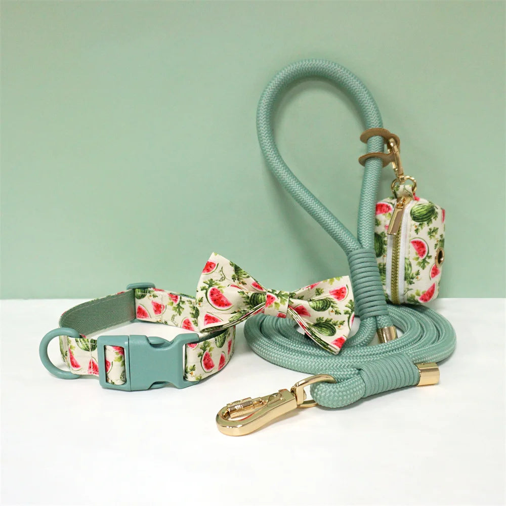 Luxury Bow Dog Collar Set | Cotton & Polyester | XS–XL | With Leash & Poop Bag