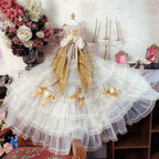 Luxury Champagne Pet Dog Clothes Fine Handmade Lace Flower Bow Tong Tail Princess Dress For Small Medium Dog Party Outfits Puppy Fashioned Furbabies