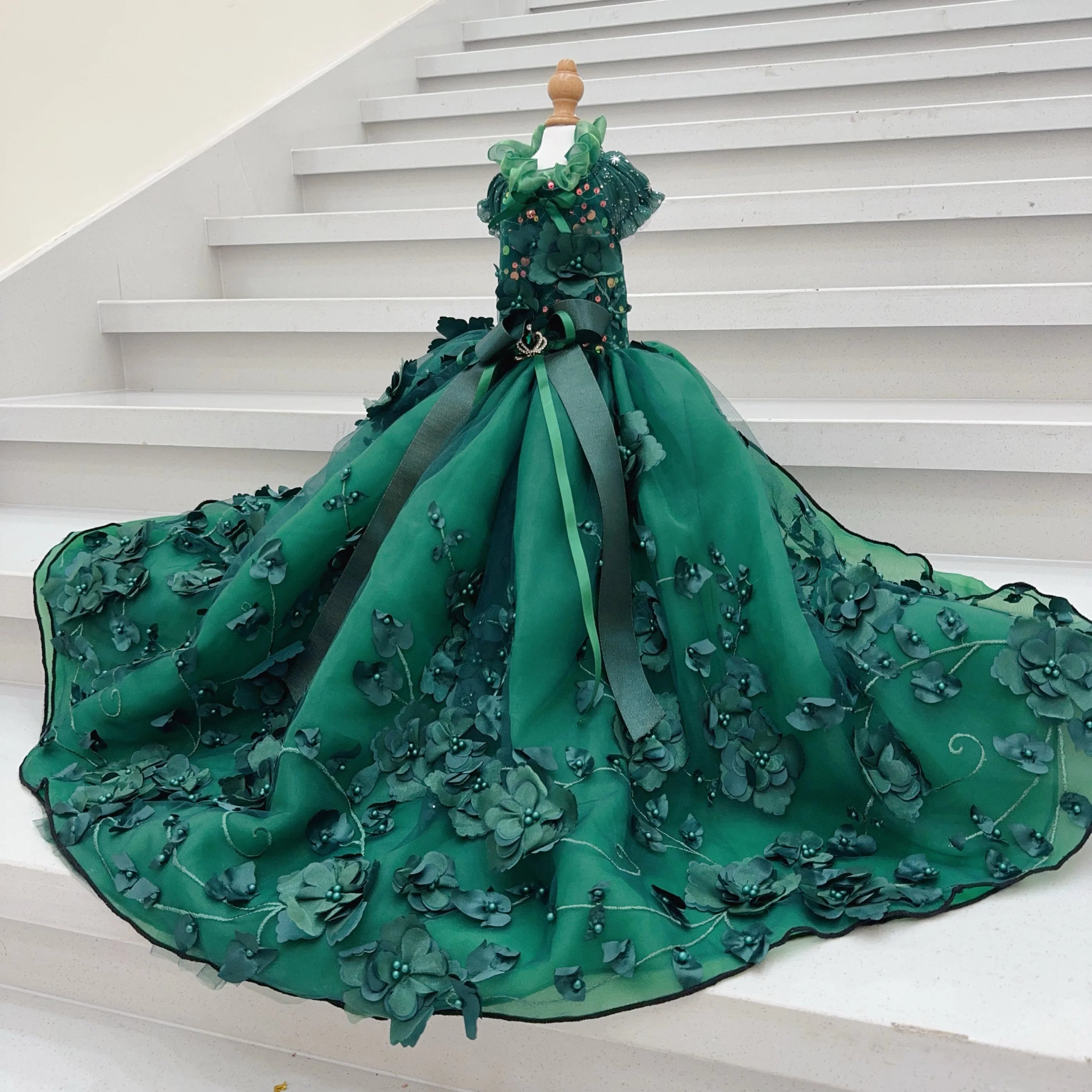 Luxury Blackish Green Pet Dog Clothes Fine Handmade Sequin Beads Flower Decor Long Tail Princess Dresses For Small Medium Dog Fashioned Furbabies