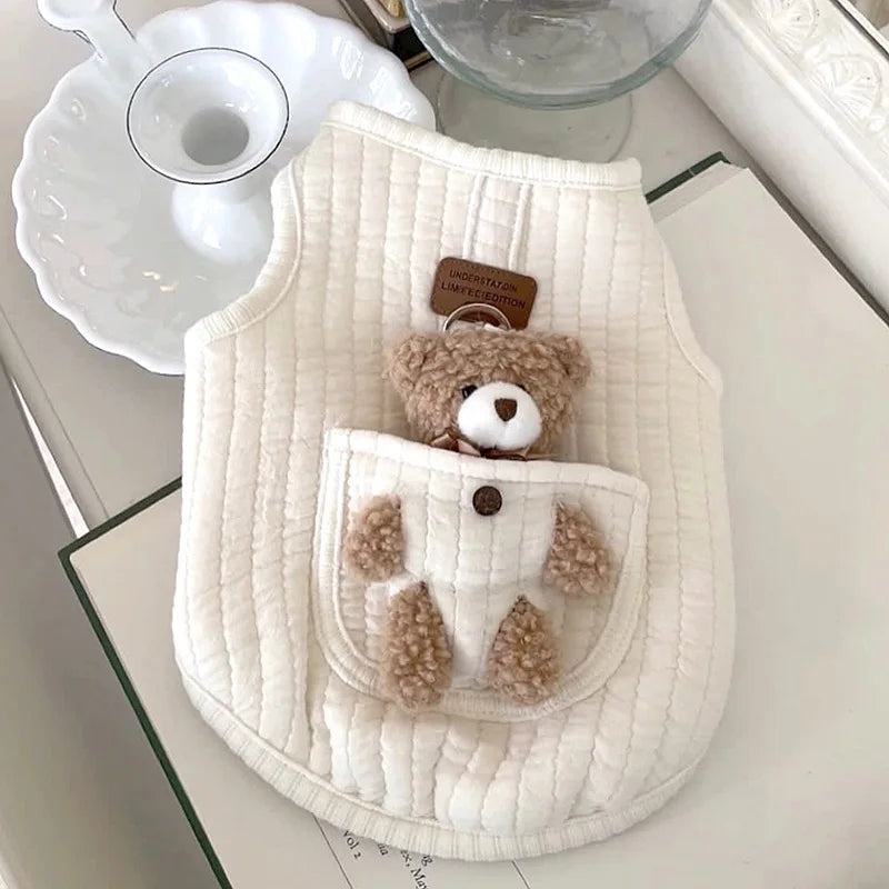 Cartoon Soft Cotton Dog Vest Shirt — Harness-Style Top for Small Dogs & Cats | Bear & White | XS–XL