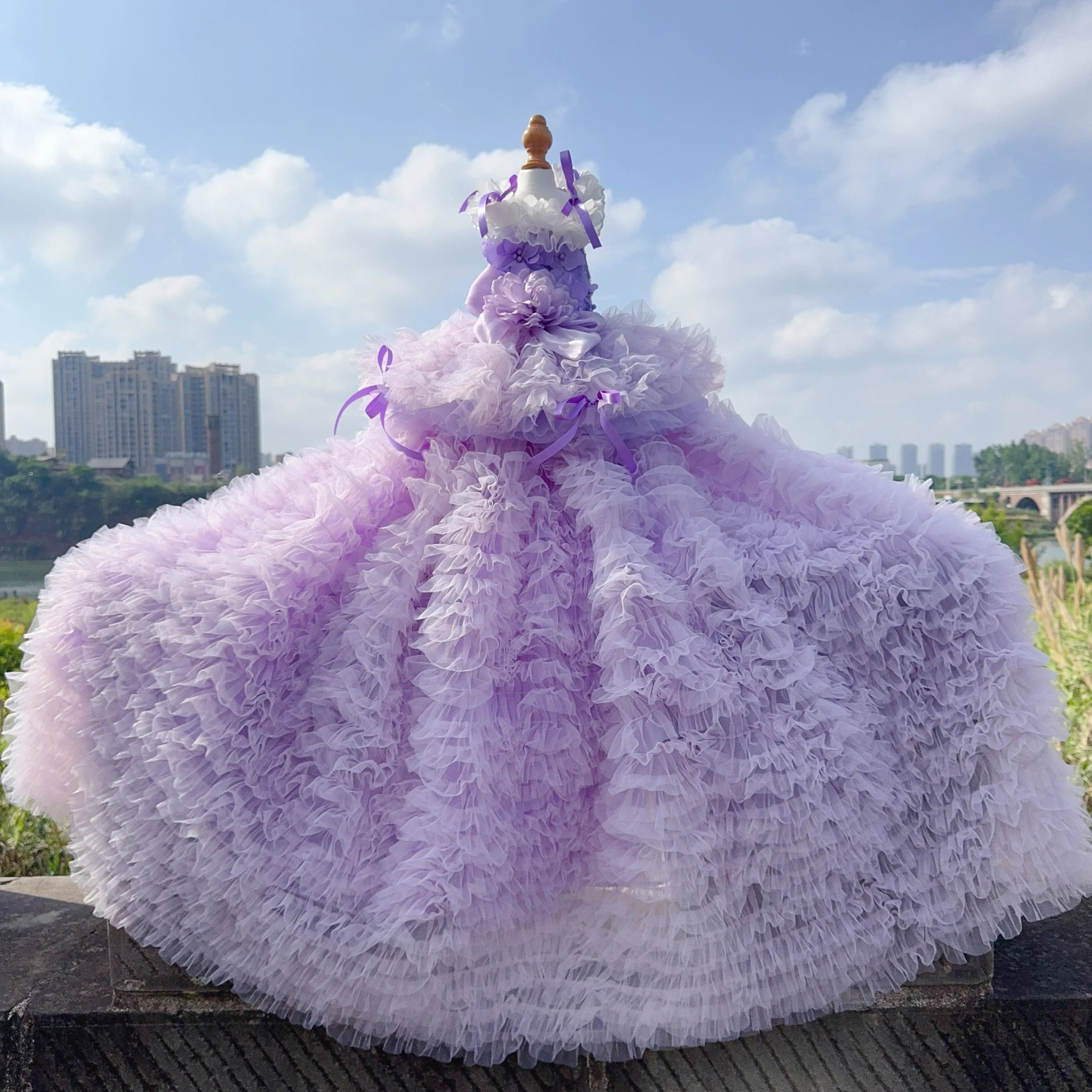 Fine Handmade Pet Dog Clothes Fashion Luxury Lace Flower Long Tail Cake Dresses For Small Medium Dog Wine Red Purple Puppy Dress Fashioned Furbabies