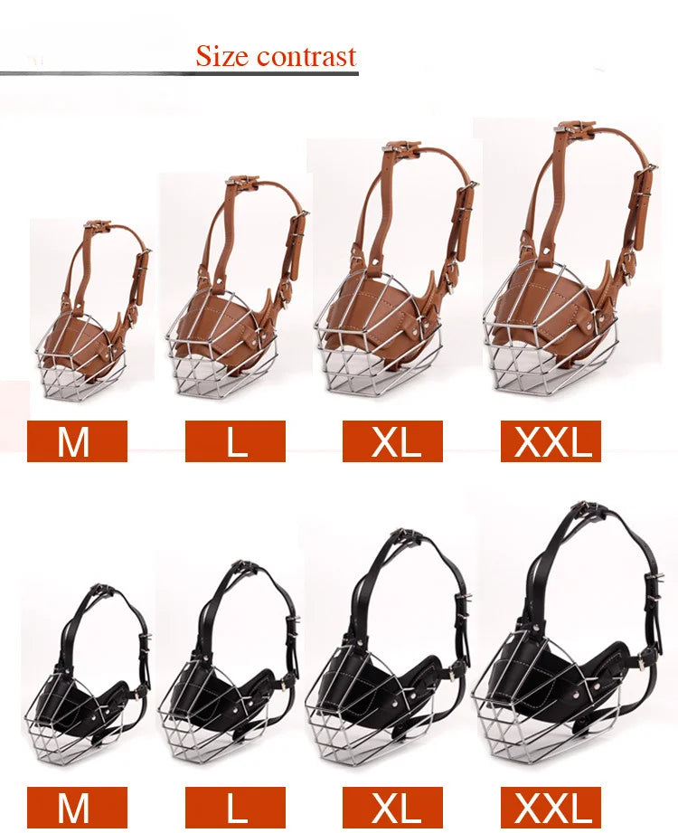 Leather & Metal Basket Dog Muzzle — Adjustable Anti-Bite Training Muzzle for Medium & Large Dogs | Brown & Black | M–XXL