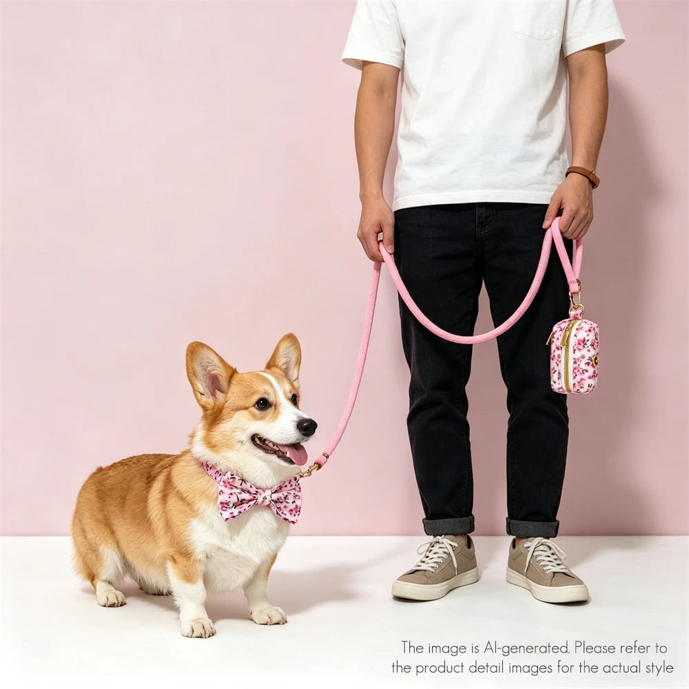 Luxury Bow Dog Collar Set | Cotton & Polyester | XS–XL | With Leash & Poop Bag