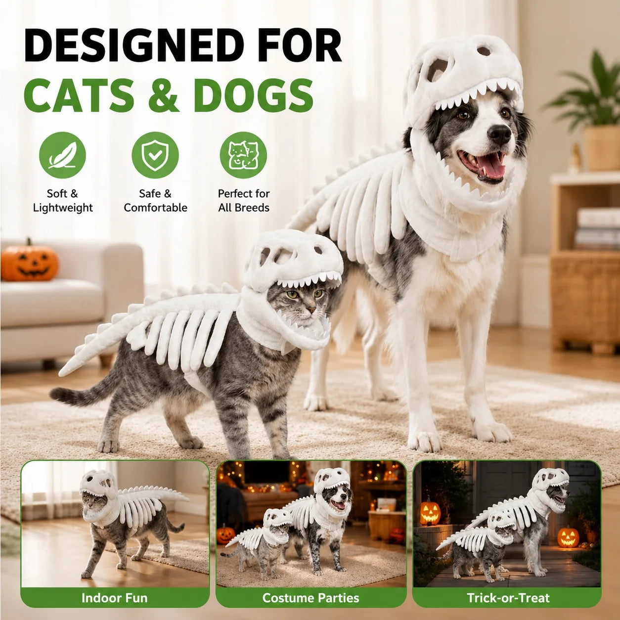 Halloween Dinosaur Skeleton Pet Costume | Plush Over-the-Head Cosplay for Dogs & Cats