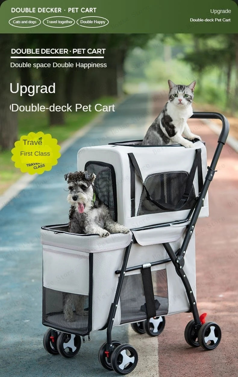 Double-Layer Foldable Pet Stroller — Lightweight Ventilated Travel Cart for Cats & Dogs | Black & Gray